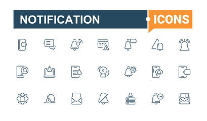 Notification isolated icon set. Includes icons for chat, sound, art, simple, warn, clock, new and more. Pixel perfect. Minimalist editable vector stroke.