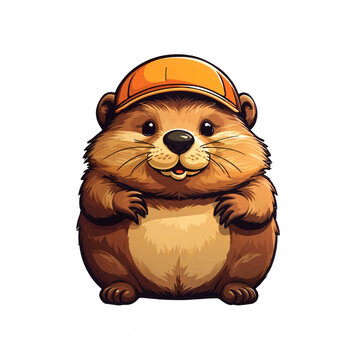 Cute clip art illustration of a cartoon beaver/otter wearing an orange cap smiles cheerfully bober