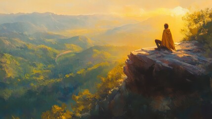 Obraz premium Golden Hour Solitude: A lone figure finds peace atop a mountain, overlooking a breathtaking valley bathed in the warm glow of sunset.