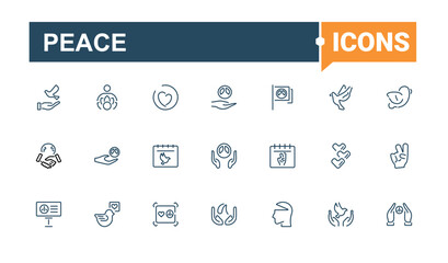Peace Postal and Digital Mail modern icons set. It contains symbols to give, world, life, v, no war, protect, heart and more. Collection for mobile and web apps. Editable stroke. Vector illustration.