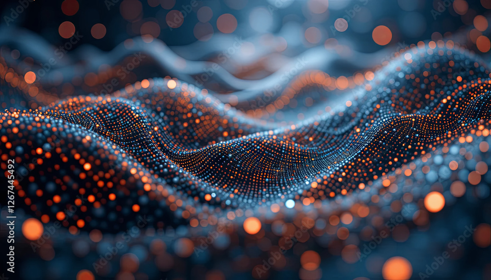 Poster brightly colored dots create an undulating wave pattern with a mesmerizing effect. the deep backgrou