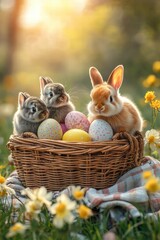 wicker basket filled with an assortment of colorful Easter eggs, displayed on a picnic cloth in a sunny garden