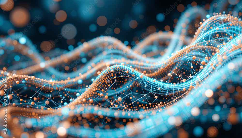 Poster vibrant waves of blue and orange represent data flow in a digital world, with interconnected lines a