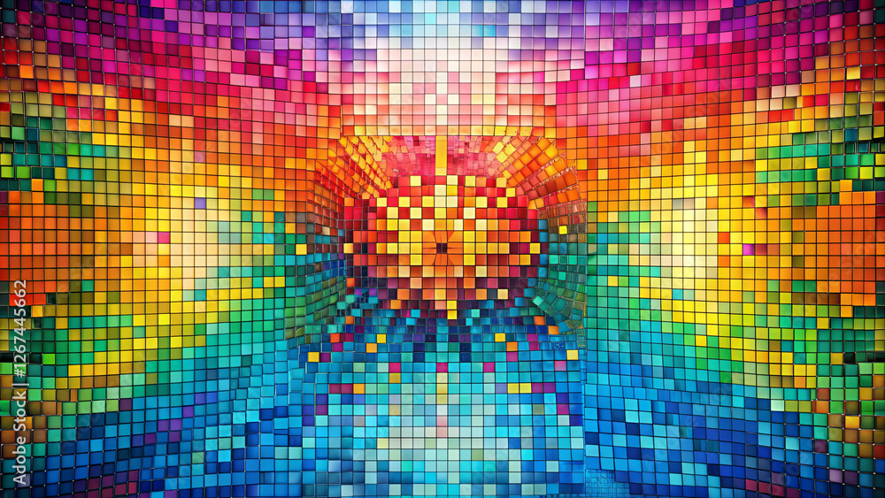 Aufkleber a dynamic mosaic made of colorful squares forms a tunnel effect, radiating bright light from the cen