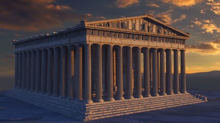 Naklejka premium Ancient Greek temple at sunset, dramatic sky, digital illustration