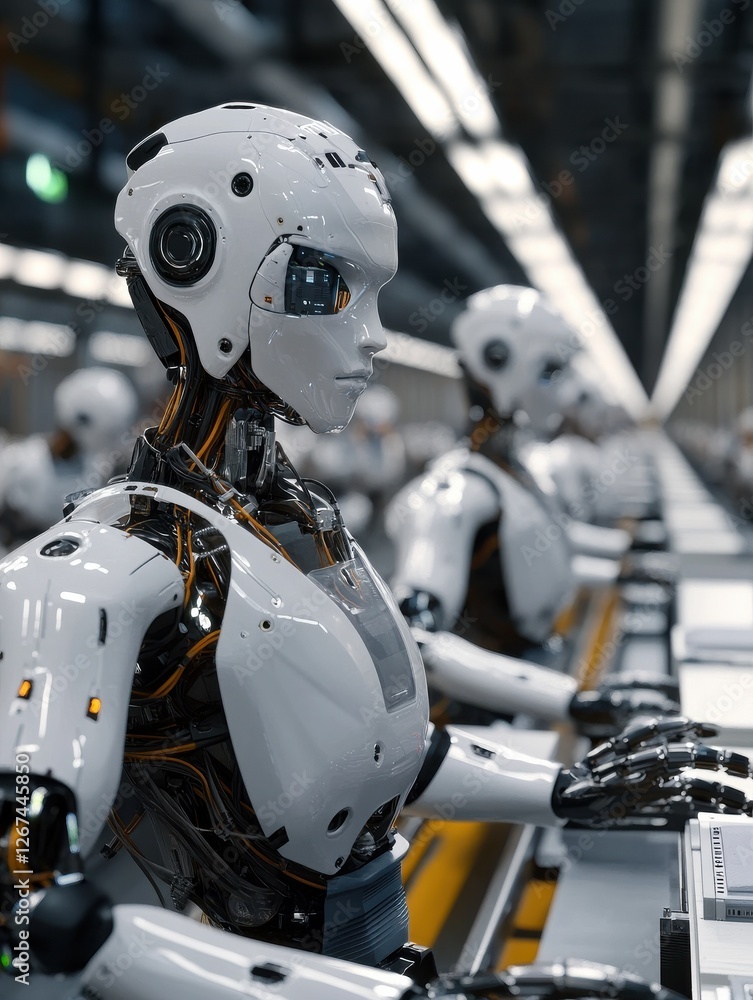 Poster robots with ai capabilities working in a high-tech manufacturing environment, performing tasks auton