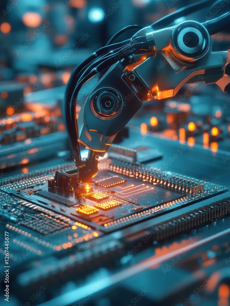 Poster a close-up shot of a robotic arm assembling components onto a circuit board in a high-tech automated