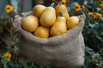 Autumn's bounty, A jute sack filled with golden pear-shaped pumpkins