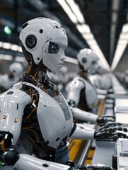 Robots with AI capabilities working in a high-tech manufacturing environment, performing tasks autonomously.
