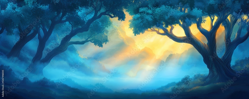 Poster a tranquil forest scene illuminated by soft rays of sunlight filtering through trees, creating a ser