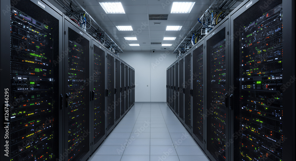Poster server room: data center, network infrastructure, rack servers, it equipment, high performance compu