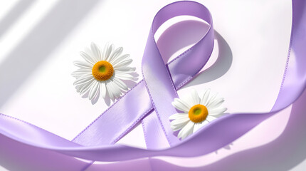 Delicate purple ribbon and white daisies symbolizing important cause on white background
