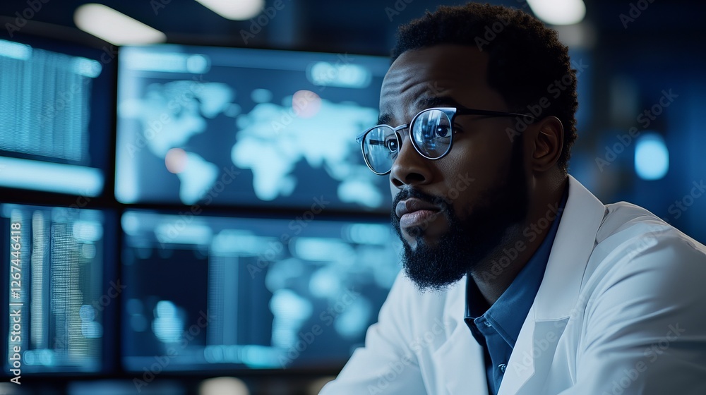 Poster focused male scientist analyzing data on multiple screens serious expression professional lab coat g