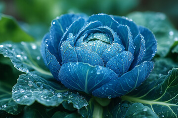 Aquatic Bloom, A Blue Cabbage Pearlized with Dew Drops on Verdant Bed