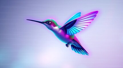 Obraz premium A noise-art poster depicting a hummingbird in flight, its wings a blur of neon violet, teal, and pink light trails. 
