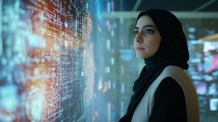 Focused on her work, a Muslim female data center IT engineer examines vibrant digital graphics in a cutting-edge setting, showcasing her expertise in technology and innovation