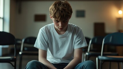 Sad teen boy sits alone in classroom
