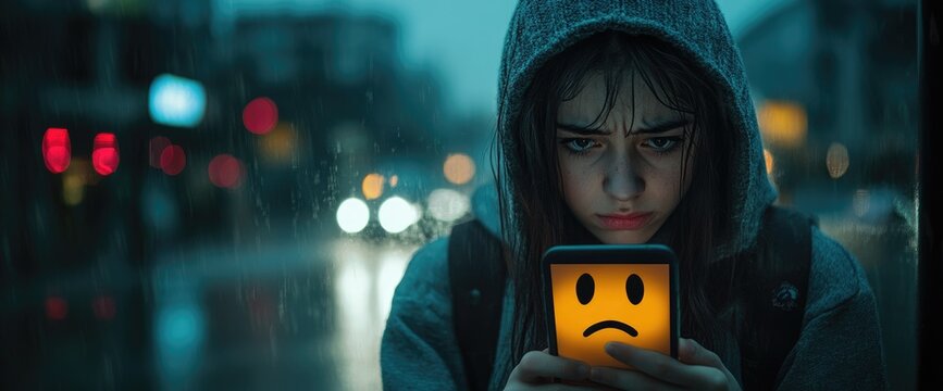 Sad teen girl texting at night, city lights blurred background, social media
