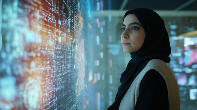 Focused on her work, a Muslim female data center IT engineer examines vibrant digital graphics in a cutting-edge setting, showcasing her expertise in technology and innovation