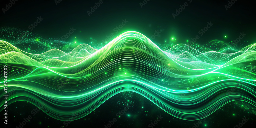 Poster colorful waves of green light undulate across a dark background, creating a mesmerizing display of e