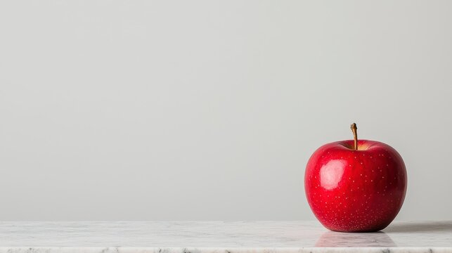 A vibrant red apple sits on a marble surface against a minimalist background, showcasing its glossy skin and simple elegance.