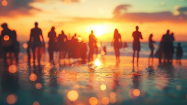 Blurred people having sunset beach party in summer vacation - Defocused image - Concept of nightlife with cocktails and music entertainment