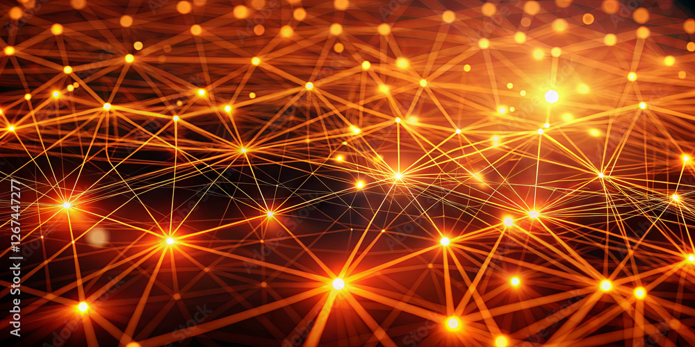 Poster bright orange lights create a web of connections, showcasing a dynamic digital arrangement. this cap