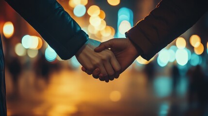 Closeup of loving couple holding hands while walking outdoors at night. Mature man and fashionable woman holding hands on street. Hands of senior married couple joined together, romantic atmosphere.