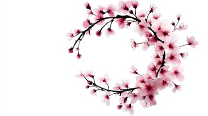 a spring wreath, composed of cherry blossoms and greenery, handpainted watercolor style, isolated on white background