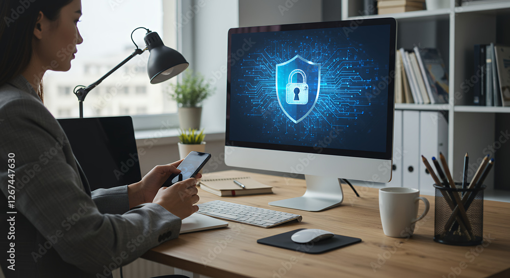 Poster cybersecurity at work: woman protecting data on phone & computer with secure shield, data protection