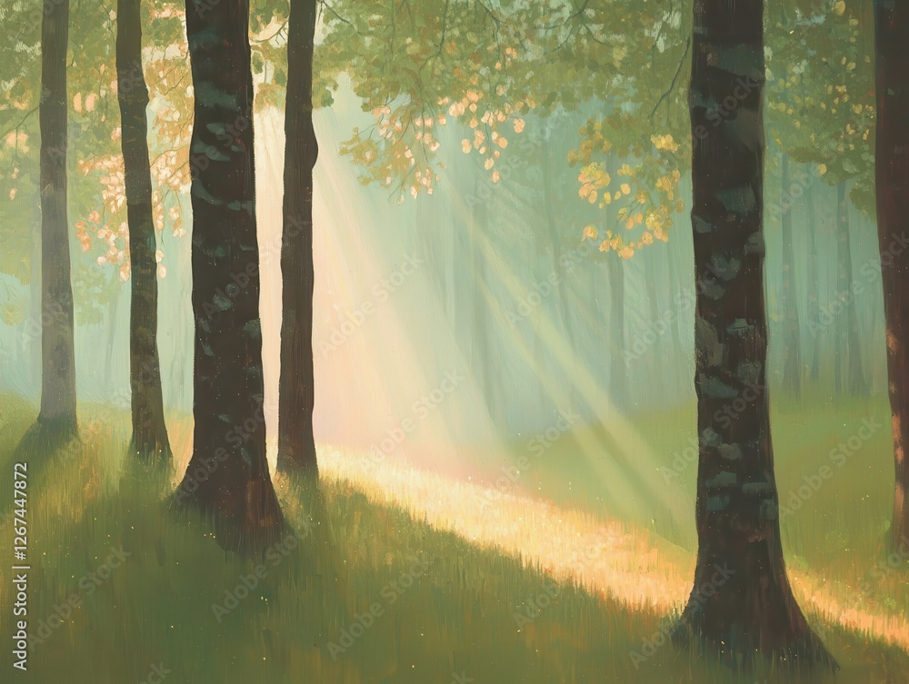 Poster sunlight filtering through trees forest nature scene tranquil environment serene viewpoint