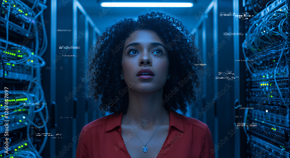 Poster ** data dive: woman in server room unraveling code & tech mysteries | cloud computing, cyber securit
