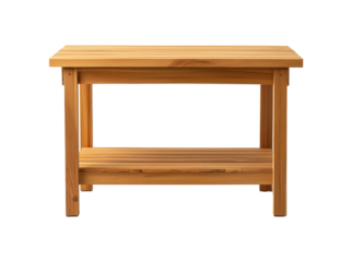The image showcases a light wooden table with a built-in shelf, set against a transparent backdrop.