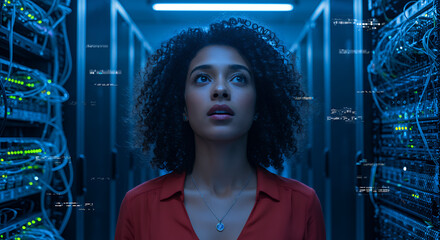 ** Data Dive: Woman in Server Room Unraveling Code & Tech Mysteries | Cloud Computing, Cyber Security Focus