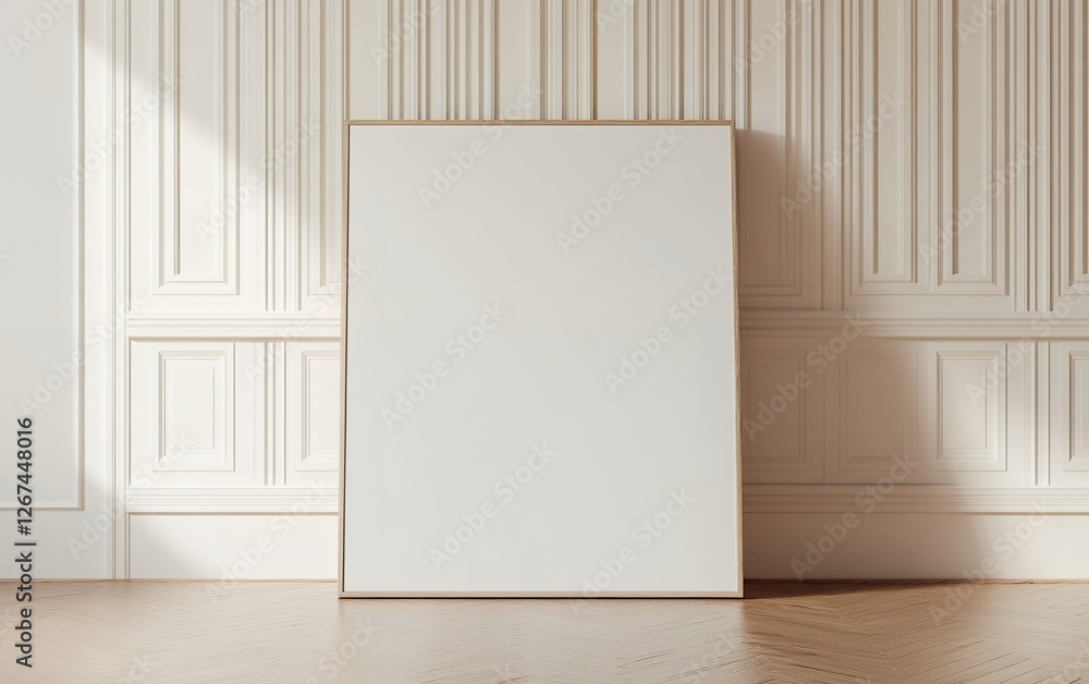Poster blank canvas with a wooden frame resting against a classic white panelled wall in soft natural dayli