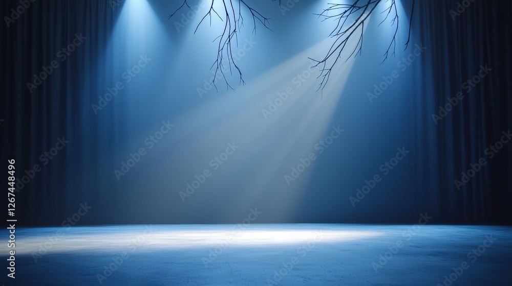 Poster a serene stage illuminated by blue lights, creating an ethereal atmosphere with shadows of branches 