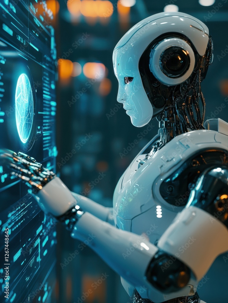 Poster design of a smart humanoid robot with artificial intelligence touching a hologram digital interface 