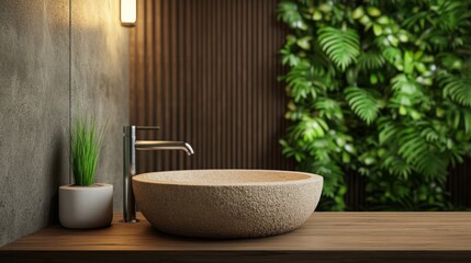 A beautiful industrial-style bathroom with a stone sink and hardwood countertop. Industrial-style bathroom with vintage design and metal pipes.