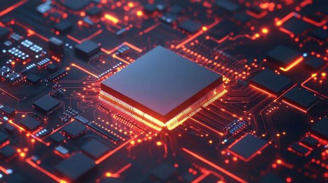 Digital circuit microchip on abstract background. Computing and technology concept. 3D Rendering