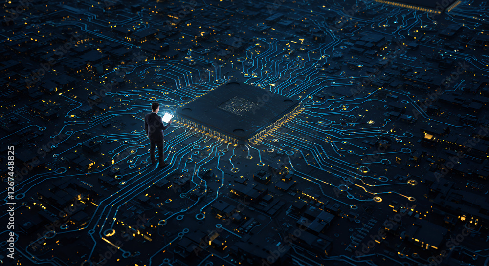 Poster navigating the digital frontier: man on circuit board inspecting ai chip with tablet - tech, innovat