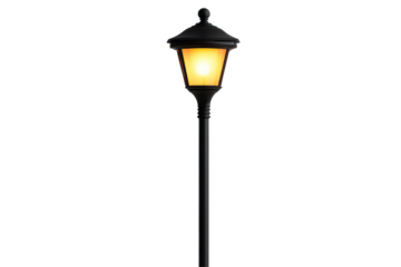 The image features a single, black, illuminated lamppost against a split background of darkness and a red/brown tone.