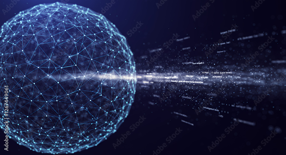 Poster connected world: abstract network sphere with data stream - digital future, innovation & technology 