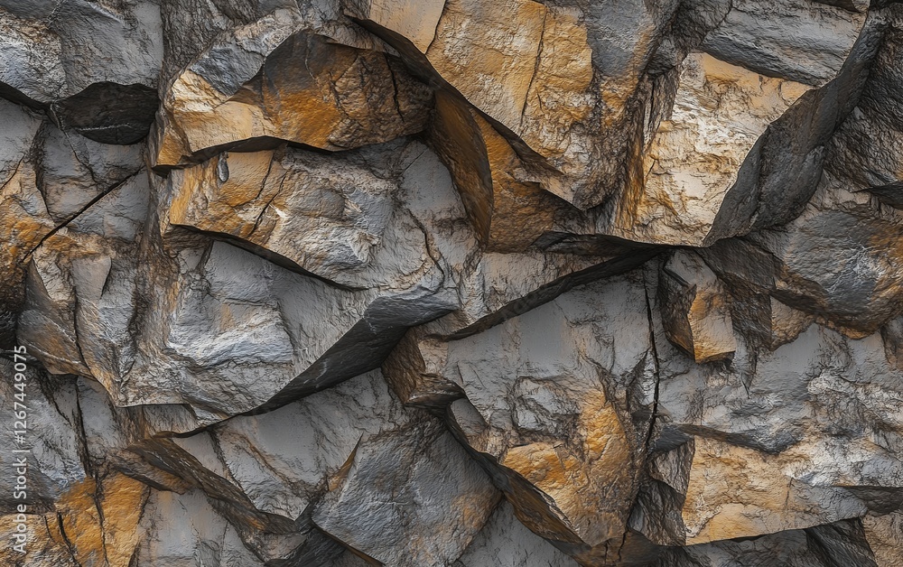 Poster close-up of textured rock surface with sharp cracks and deep crevices in earthy tones for natural an