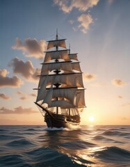 Obraz premium Sailing ship on the horizon with sail unfurled, ocean, seascape, sunlight