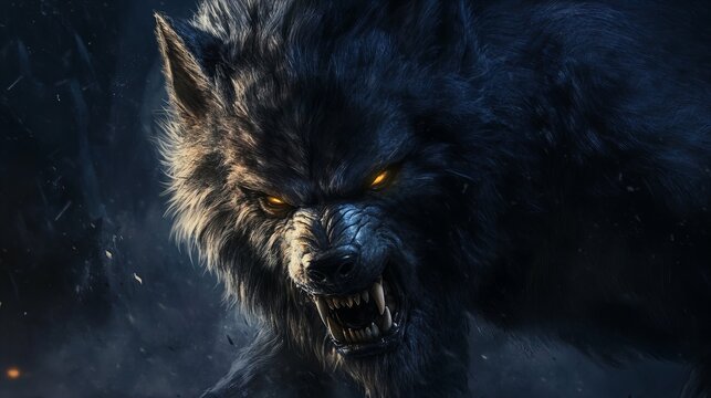 Terrifying werewolf baring its sharp teeth, showcasing an intense and menacing expression. Perfect for horror, fantasy, and mythical creature-themed content.