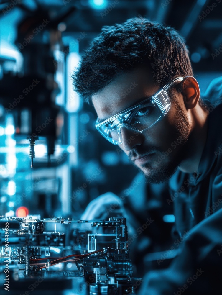 Poster engineer assembling mechanical components in a high-tech manufacturing environment