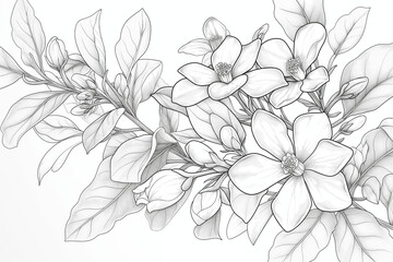 A detailed hand-drawn black and white outline illustration of a Jasmine plant branch (Jasminum sambac, Arabian jasmine), showcasing its delicate flowers and leaves