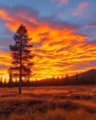 Fototapeta premium Stunning sunset over meadow national park landscape natural environment wide angle serenity