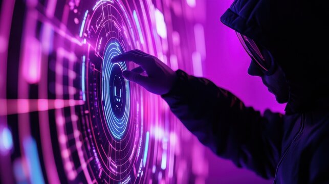 Hacker using abstract polygonal circles interface on blurry purple background. Metaverse and future concept
