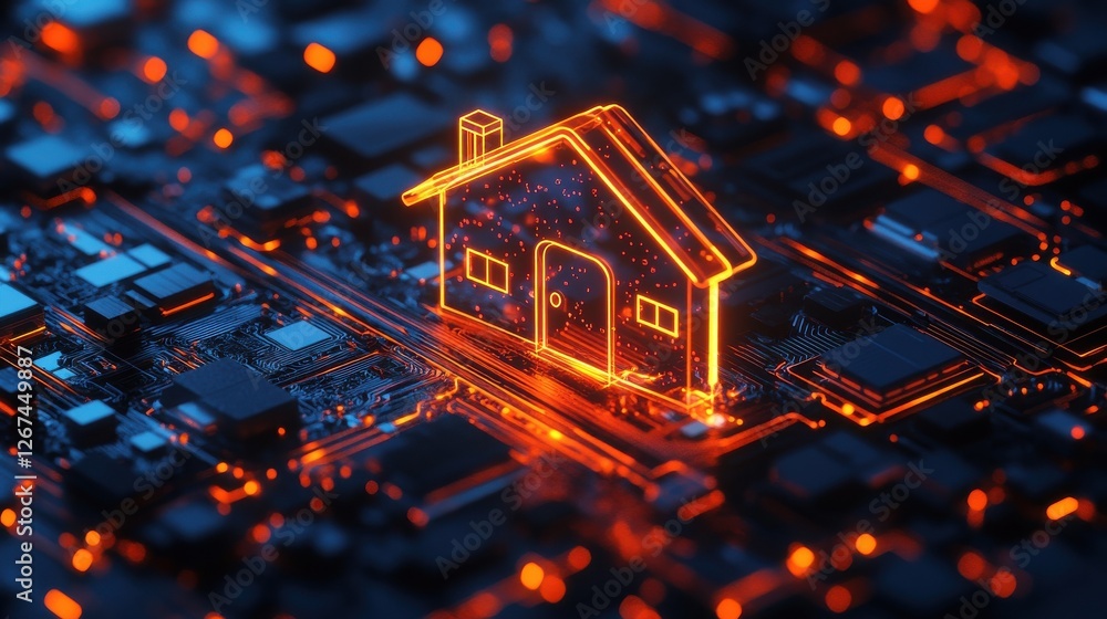 Poster smart system management and smart home technologies concept with glowing digital home icon surrounde